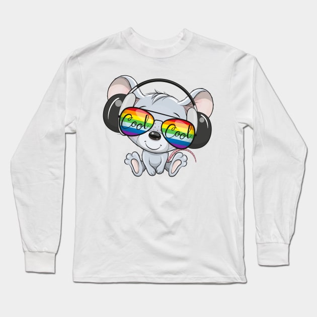 Cute mouse in rainbow sunglasses and headphones. Long Sleeve T-Shirt by Reginast777